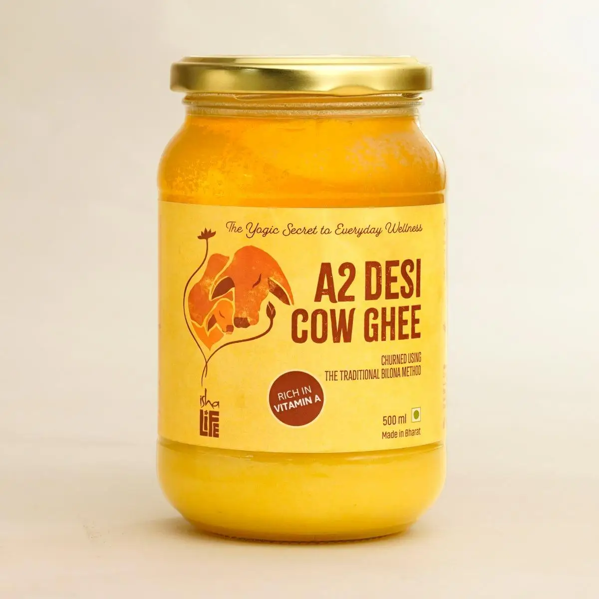 Picture of Isha Life Pure A2 Desi Cow Ghee(500 ML). Made traditionally from curd. Made from grass-fed free grazing desi cows' milk. Extracted using non-exploitative methods. Bilona ghee