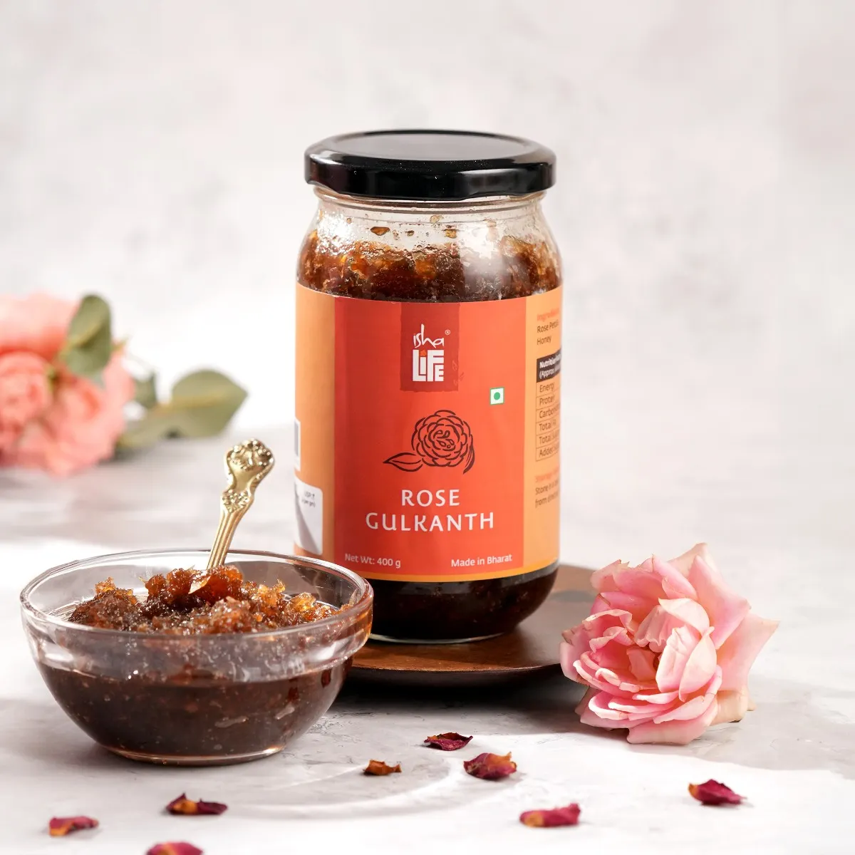 Picture of Isha Life Rose Gulkanth (400 gm). Natural rose petals soaked in pure honey. No jaggery. No synthetic preservatives. No added rose extracts.
